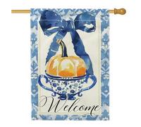 Drapeau de jardin en forme de citrouille de bienvenue, bannière décorative florale bleue, drapeau de cour double face en toile de jute pour décoration de pelouse extérieure automne, 71,1 x 101,6 cm
