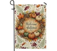 Drapeau de jardin en forme de citrouilles, couronne de feuilles fantaisistes rustiques, orange automne, double face, drapeaux décoratifs pour extérieur, terrasse, pelouse, porche, balcon, 30,5 x 45,7