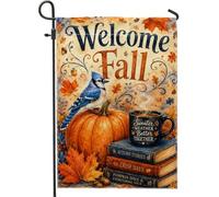 Drapeau de jardin en forme de citrouilles, feuilles de geai bleu traditionnel, orange automne, double face, petit drapeau de jardin, cour, pour extérieur, terrasse, pelouse, porche, balcon, 30,5 x