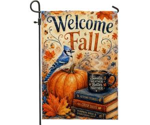 Drapeau de jardin en forme de citrouilles, feuilles de geai bleu traditionnel, orange automne, double face, petit drapeau de jardin, cour, pour extérieur, terrasse, pelouse, porche, balcon, 30,5 x