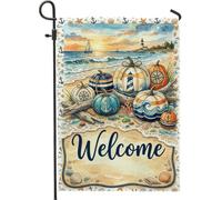 Drapeau de jardin en forme de citrouilles nautiques 30,5 x 45,7 cm | Thème nautique, drapeau de cour, scène de plage, art aquarelle, décoration côtière, panneau de porche saisonnier