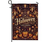 Drapeau de jardin en forme de citrouilles occultes magiques d'Halloween | Bougies lumineuses, drapeau de cour, symboles occultes, feuilles d'automne, typographie décorée, décoration de cour