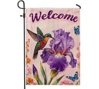 Drapeau de jardin en forme de colibri - Iris coloré - Papillon - Violet - Double face - Décoration extérieure pour extérieur, terrasse, pelouse, porche, entrée, camping - 30,5 x 45,7 cm