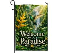 Drapeau de jardin en forme de colibri, nature tropicale, fleurs jaunes, feuilles vertes, en toile de jute verte d'été, drapeaux décoratifs double face pour extérieur, pelouse, porche, terrasse, entrée