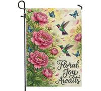 Drapeau de jardin en forme de colibri, pivoine botanique, papillon, pêche, double face, en toile de jute, drapeaux décoratifs pour extérieur, terrasse, pelouse, porche, balcon 30,5 x 45,7 cm
