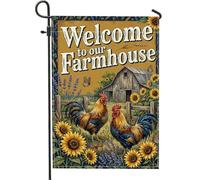 Drapeau de jardin en forme de coq, ferme rustique tournesol grange printemps toile de jute jaune double face petit drapeau de jardin pour extérieur, pelouse, patio, entrée 30,5 x 45,7 cm