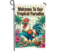 Drapeau de jardin en forme de coq, palmier tropical vibrant, noix de coco, turquoise, été, toile de jute, double face, petit drapeau de jardin pour extérieur, terrasse, pelouse, porche, entrée