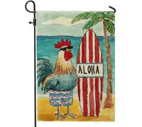 Drapeau de jardin en forme de coq tropical, décoration de plage colorée avec planche de surf Aloha, drapeau d'été double face pour décoration de fête en plein air, 30,5 x 45,7 cm