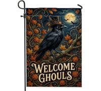 Drapeau de jardin en forme de corbeau, chapeau gothique vintage en forme de lune, Halloween, noir, double face, en toile de jute décorative pour extérieur, pelouse, porche, terrasse, entrée, 30,5 x