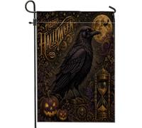 Drapeau de jardin en forme de corbeau, citrouilles sombres, lune d'Halloween, noir, double face, en toile de jute décorative pour extérieur, porche, pelouse, terrasse, 30,5 x 45,7 cm