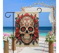 Drapeau de jardin en forme de crâne de sucre rose rouge pour extérieur, 30,5 x 45,7 cm, drapeau de jardin printemps été, drapeau saisonnier double face, panneau de bienvenue durable pour terrasse