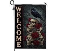 Drapeau de jardin en forme de crânes, roses sombres gothiques, corbeau d'Halloween, toile de jute noire double face, petit drapeau de jardin pour extérieur, pelouse, porche, terrasse, entrée, 30,5 x