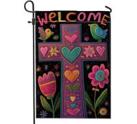Drapeau de jardin en forme de croix - Oiseau coloré accueillant - Fleur printanière - Double face - Décoration extérieure pour extérieur, pelouse, porche, terrasse, entrée - 30,5 x 45,7 cm