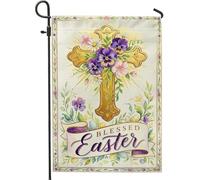 Drapeau de jardin en forme de croix, pensée religieuse printanière, chrysanthème de Pâques, violet, toile de jute double face, drapeaux décoratifs pour extérieur, terrasse, pelouse, porche, entrée