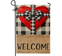 Drapeau de jardin en forme de cœur avec nœud rustique à carreaux en toile de jute rouge double face pour extérieur, terrasse, pelouse, porche, entrée, camping 30,5 x 45,7 cm