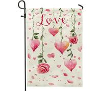 Drapeau de jardin en forme de cœur, romantique et fantaisie, roses, feuilles, pêche, pêche, double face, en toile de jute, drapeaux décoratifs pour extérieur, porche, pelouse, terrasse, 30,5 x 45,7 cm