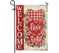 Drapeau de jardin en forme de cœur, roses fantaisistes romantiques vichy rouge pour la Saint-Valentin, drapeaux décoratifs double face en toile de jute pour extérieur, pelouse, porche, terrasse