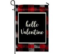 Drapeau de jardin en forme de cœur, texte décontracté à carreaux de buffle rouge de la Saint-Valentin, drapeaux décoratifs double face pour extérieur, pelouse, porche, terrasse, entrée 30,5 x 45,7 cm