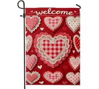 Drapeau de jardin en forme de cœurs, Saint Valentin fantaisie en dentelle vichy rouge double face en toile de jute pour extérieur, terrasse, pelouse, porche, entrée, camping 30,5 x 45,7 cm