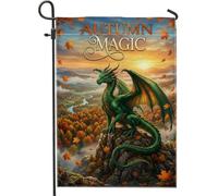 Drapeau de jardin en forme de dragon, feuilles d'automne fantaisie, vert automne, montagne, double face, en toile de jute décorative pour extérieur, terrasse, pelouse, porche, entrée, camping, 30,5 x