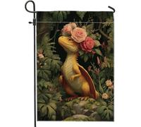 Drapeau de jardin en forme de dragon floral, créature mythique jaune avec fleurs, bannière de décoration d'intérieur, drapeau de cour double face, décoration de pelouse pour printemps, été, extérieur