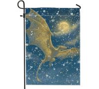 Drapeau de jardin en forme de dragon, lune mystique fantastique, étoiles, bleu hiver, toile de jute double face, petit drapeau de jardin pour extérieur, terrasse, pelouse, porche, balcon 30,5 x 45,7