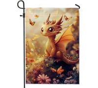 Drapeau de jardin en forme de dragon mignon, orange, créature fantaisie, papillon, bannière de jardin, bannière de jardin, drapeau de cour double face en toile de jute, décoration de pelouse pour le