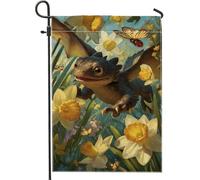 Drapeau de jardin en forme de dragon mignon pour printemps, été, jonquille, fleurs, papillon, bannière de décoration extérieure, drapeau de cour double face, décoration saisonnière de pelouse, 30,5 x