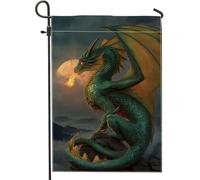 Drapeau de jardin en forme de dragon - Motif lune de feu mystique - Vert - Double face - Décoration extérieure pour extérieur, terrasse, pelouse, porche, balcon - 30,5 x 45,7 cm