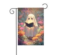 Drapeau de jardin en forme de fantôme mignon lisant dans le jardin fleuri 30 x 45 cm vertical double face ferme vacances décorations extérieures drapeau de cour