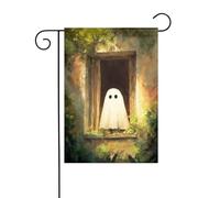 Drapeau de jardin en forme de fantôme mignon qui regarde une vieille fenêtre de jardin 30 x 45 cm vertical double face ferme vacances décorations extérieures drapeau de cour