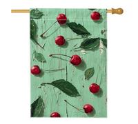 Drapeau de jardin en forme de fleur de cerisier, fruits rouges sur décoration vert menthe, drapeau double face en toile de jute pour décoration de pelouse extérieure, printemps, été, 71,1 x 101,6 cm