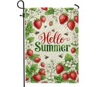 Drapeau de jardin en forme de fraise, fleur botanique d'été, abeille, rouge, double face, en toile de jute, petit drapeau de jardin pour extérieur, terrasse, pelouse, porche, entrée, camping 30,5 x