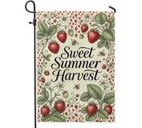 Drapeau de jardin en forme de fraise, fleur d'abeille botanique d'été rouge en toile de jute double face pour extérieur, pelouse, porche, terrasse, entrée, 30,5 x 45,7 cm
