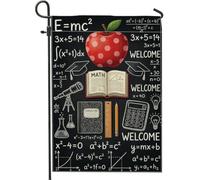Drapeau de jardin en forme de fruits, calculatrice de mathématiques saisonnières éducatives pour retour au campus en toile de jute rouge double face pour extérieur, porche, pelouse, terrasse, 30,5 x