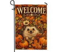 Drapeau de jardin en forme de hérisson, rustique fantaisie, feuilles de citrouilles, orange automne, double face, petit drapeau de jardin, cour, pour extérieur, terrasse, pelouse, porche, balcon, 30,5