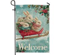 Drapeau de jardin en forme de lapin au pays des merveilles d'hiver, décoration de bienvenue bleu avec traîneau enneigé, drapeau de cour double face en toile de jute pour décoration de pelouse de