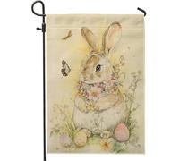 Drapeau de jardin en forme de lapin floral de printemps, lapin de couleur pastel avec fleurs et œufs, décoration extérieure, drapeau double face en toile de jute pour décorations de vacances de Pâques