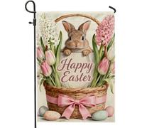 Drapeau de jardin en forme de lapin, tulipes festives printanières, œufs de Pâques, couleur pêche pastel, toile de jute double face, décoration extérieure pour extérieur, terrasse, pelouse, porche