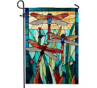 Drapeau de jardin en forme de libellule de printemps et d'été, bannière de décoration d'intérieur en verre teinté bleu, drapeau double face en toile de jute, décoration de pelouse extérieure, 30,5 x