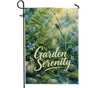 Drapeau de jardin en forme de libellule, fleurs bleues sereines, fougères, vert printemps, double face, en toile de jute décorative pour extérieur, terrasse, pelouse, porche, balcon, 30,5 x 45,7 cm