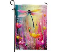 Drapeau de jardin en forme de libellule, pétales de fleurs colorées impressionnistes en toile de jute double face pour extérieur, terrasse, pelouse, porche, balcon, 30,5 x 45,7 cm