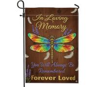 Drapeau de jardin en forme de libellule, plumes de lavande, commémoratif en toile de jute arc-en-ciel double face pour extérieur, porche, pelouse, terrasse, 30,5 x 45,7 cm