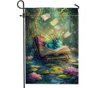 Drapeau de jardin en forme de livre de dragon fantastique, bannière de cour de créature mystique, bannière de cour, drapeau décoratif double face pour pelouse, décoration extérieure pour printemps et
