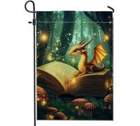 Drapeau de jardin en forme de livre de dragon fantastique, illustration de dragon doré, drapeaux de décoration d'intérieur, drapeau coloré double face pour décoration de pelouse de printemps, été