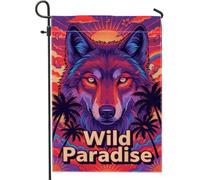 Drapeau de jardin en forme de loup, palmier tropical vif, soleil d'été, orange, double face, drapeaux extérieurs décoratifs pour extérieur, terrasse, pelouse, porche, balcon, 30,5 x 45,7 cm