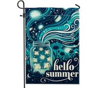 Drapeau de jardin en forme de lucioles fantaisie en pot avec étoiles bleues d'été double face en toile de jute pour extérieur, terrasse, pelouse, porche, entrée, camping 30,5 x 45,7 cm
