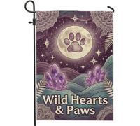 Drapeau de jardin en forme de lune, cristaux mystiques bohèmes avec empreintes de pattes violettes saisonnières double face en toile de jute décorative pour extérieur, pelouse, porche, terrasse