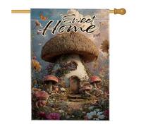 Drapeau de jardin en forme de maison de champignon de conte de fées, décoration florale colorée pour le printemps et l'été, bannière de jardin double face pour la maison et la cour, décoration de