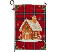 Drapeau de jardin en forme de maison en pain d'épices, flocons de neige de houx rouges en toile de jute double face pour extérieur, porche, pelouse, terrasse, 30,5 x 45,7 cm